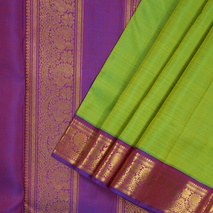 Hayagrivas Handloom Fluorescent Green Kanjivaram Ten Yards Silk Saree with Purple Border KBE1206I1-3