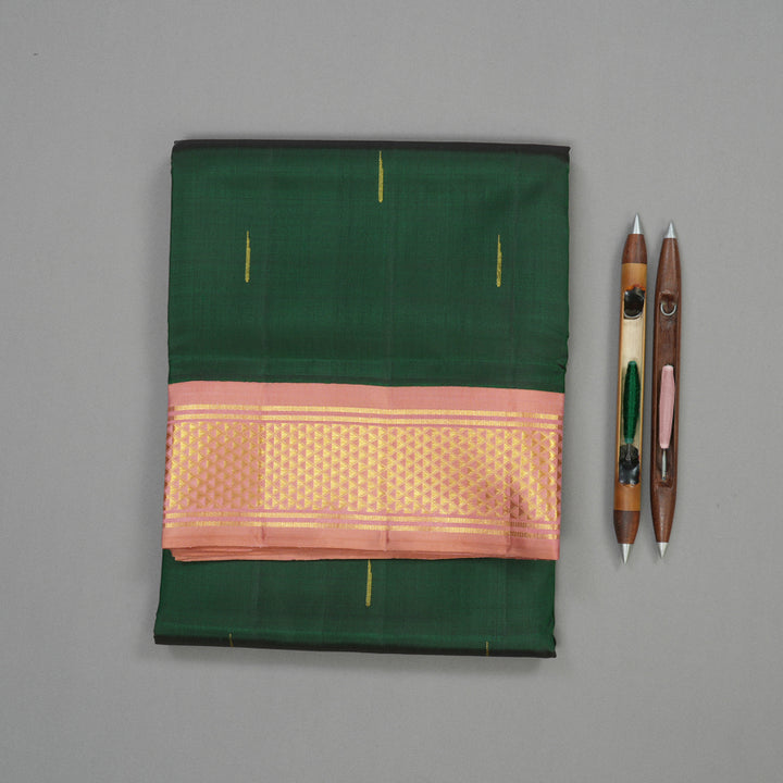 Hayagrivas Handloom Bottle Green Kanjivaram Ten Yards Silk Saree with Peach Pink Border KBE1206I4-1