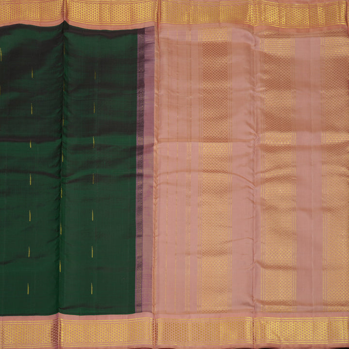 Hayagrivas Handloom Bottle Green Kanjivaram Ten Yards Silk Saree with Peach Pink Border KBE1206I4-1