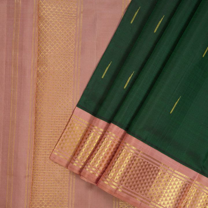Hayagrivas Handloom Bottle Green Kanjivaram Ten Yards Silk Saree with Peach Pink Border KBE1206I4-1
