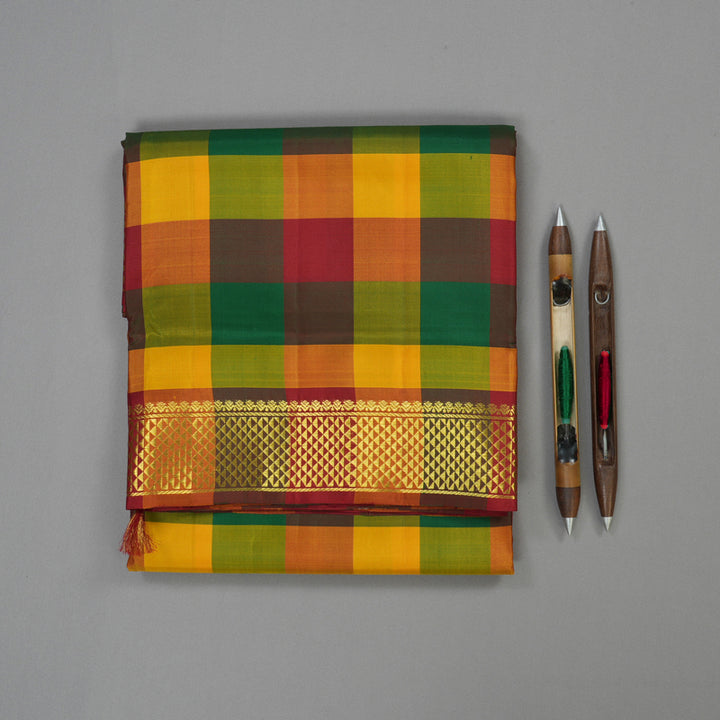 Hayagrivas Handloom Paalum Pazhamum Checks Kanjivaram Ten Yards Silk Saree KBE1206I7-1