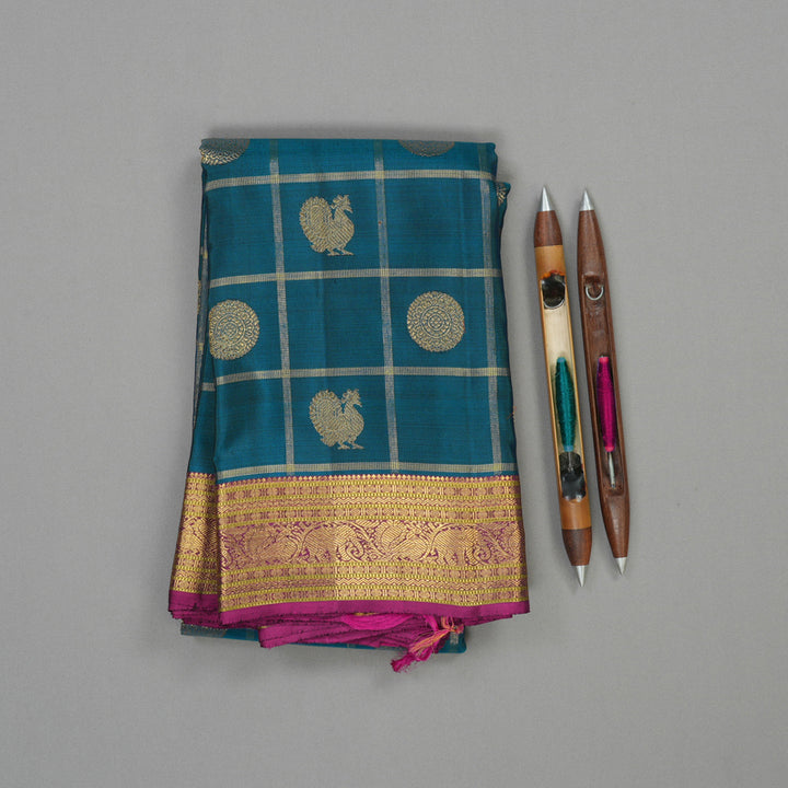 Hayagrivas Handloom Deep Teal Kanjivaram Silk Saree with Wine Purple Border KBE1208I4-1