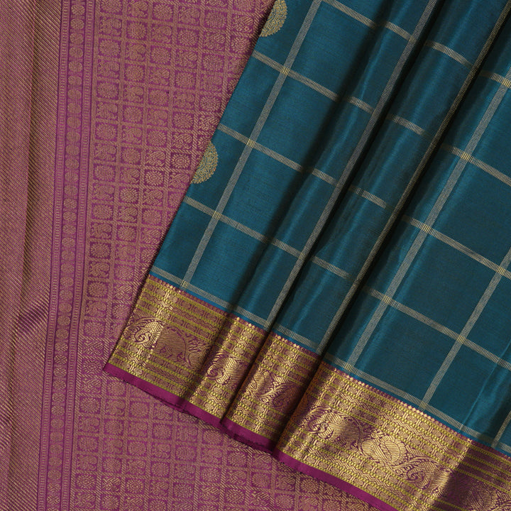 Hayagrivas Handloom Deep Teal Kanjivaram Silk Saree with Wine Purple Border KBE1208I4-1