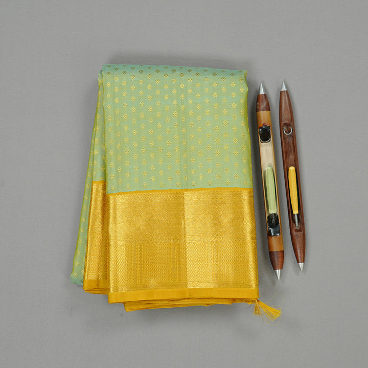 Hayagrivas Dual Tone (Sea Blue With Yellow) Handloom Kanjivaram Silk Saree with Lemon Yellow Border KBE120D15-1
