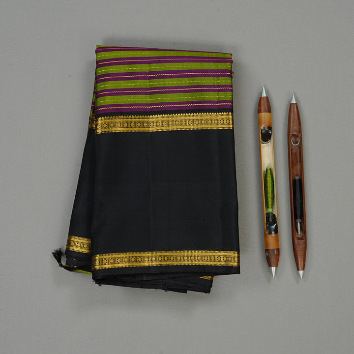 Hayagrivas Leaf Green With Purple Handloom Kanjivaram Silk Saree with Black Border KBE120D19-1