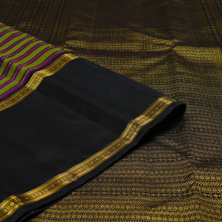 Hayagrivas Leaf Green With Purple Handloom Kanjivaram Silk Saree with Black Border KBE120D19-1