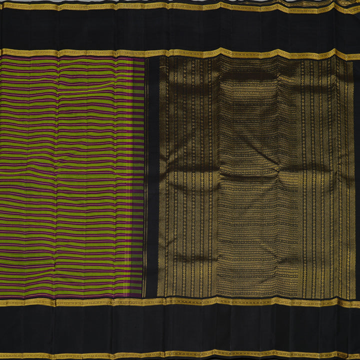 Hayagrivas Leaf Green With Purple Handloom Kanjivaram Silk Saree with Black Border KBE120D19-1