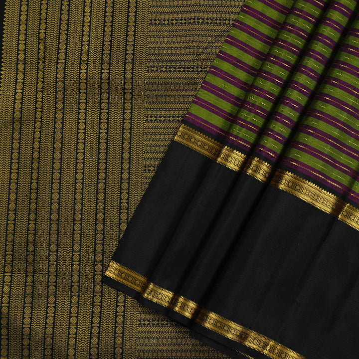 Hayagrivas Leaf Green With Purple Handloom Kanjivaram Silk Saree with Black Border KBE120D19-1