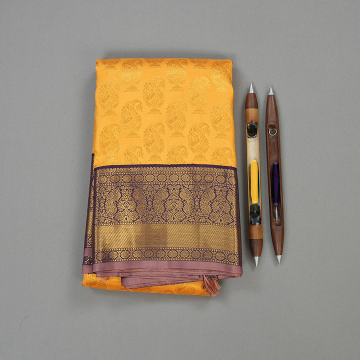 Hayagrivas Handloom Mango Yellow Kanjivaram Silk Saree with Deep Violet contrast KBE1212I1-1