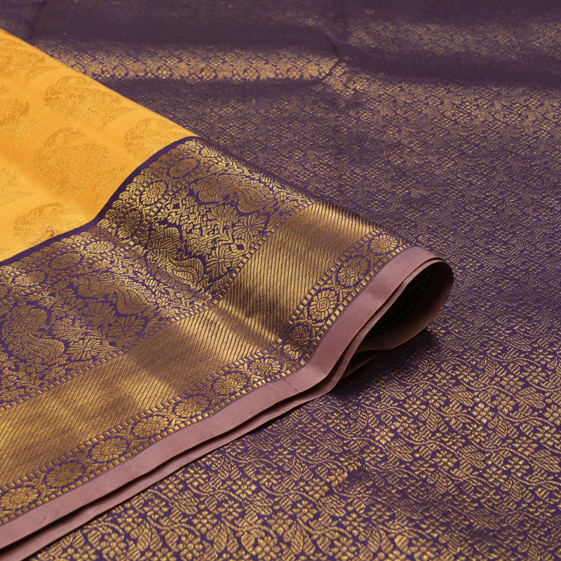 Hayagrivas Handloom Mango Yellow Kanjivaram Silk Saree with Deep Violet contrast KBE1212I1-1