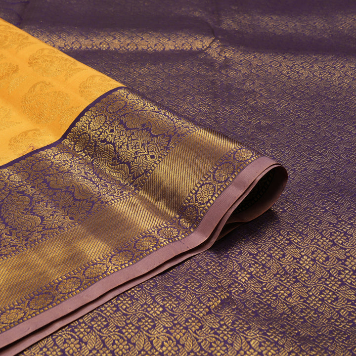 Hayagrivas Handloom Mango Yellow Kanjivaram Silk Saree with Deep Violet contrast KBE1212I1-1