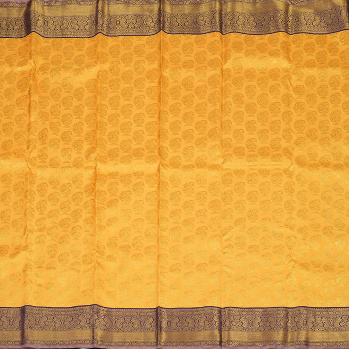 Hayagrivas Handloom Mango Yellow Kanjivaram Silk Saree with Deep Violet contrast KBE1212I1-1