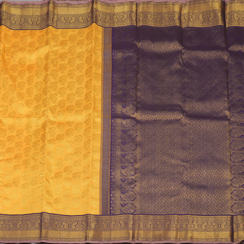 Hayagrivas Handloom Mango Yellow Kanjivaram Silk Saree with Deep Violet contrast KBE1212I1-1