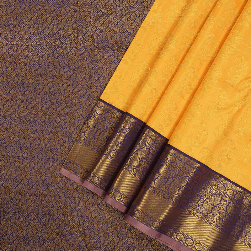 Hayagrivas Handloom Mango Yellow Kanjivaram Silk Saree with Deep Violet contrast KBE1212I1-1