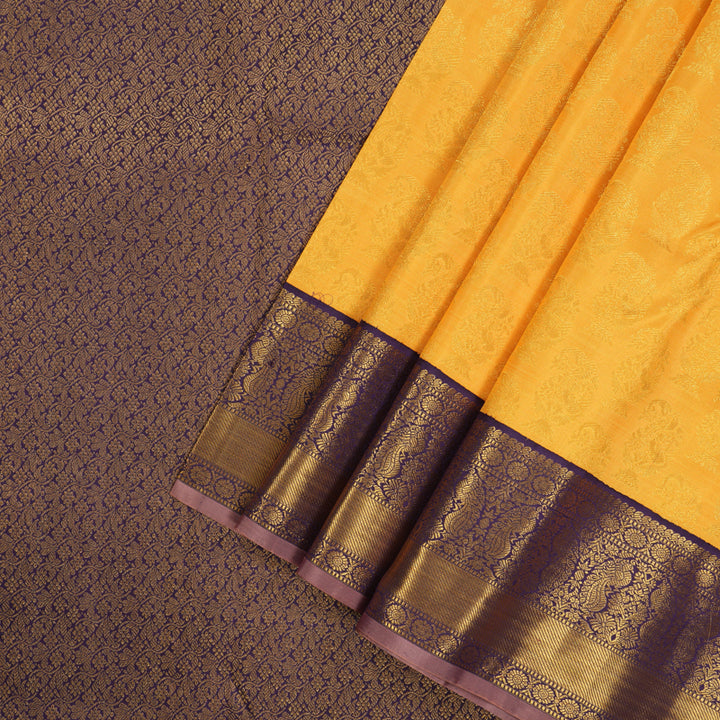 Hayagrivas Handloom Mango Yellow Kanjivaram Silk Saree with Deep Violet contrast KBE1212I1-1
