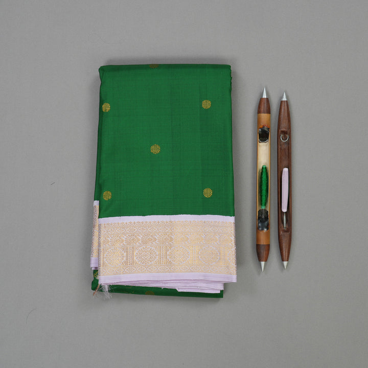 Hayagrivas Handloom Dark Green Kanjivaram Silk Saree with Lilac Border KBE1212I4-1
