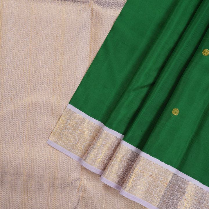 Hayagrivas Handloom Dark Green Kanjivaram Silk Saree with Lilac Border KBE1212I4-1