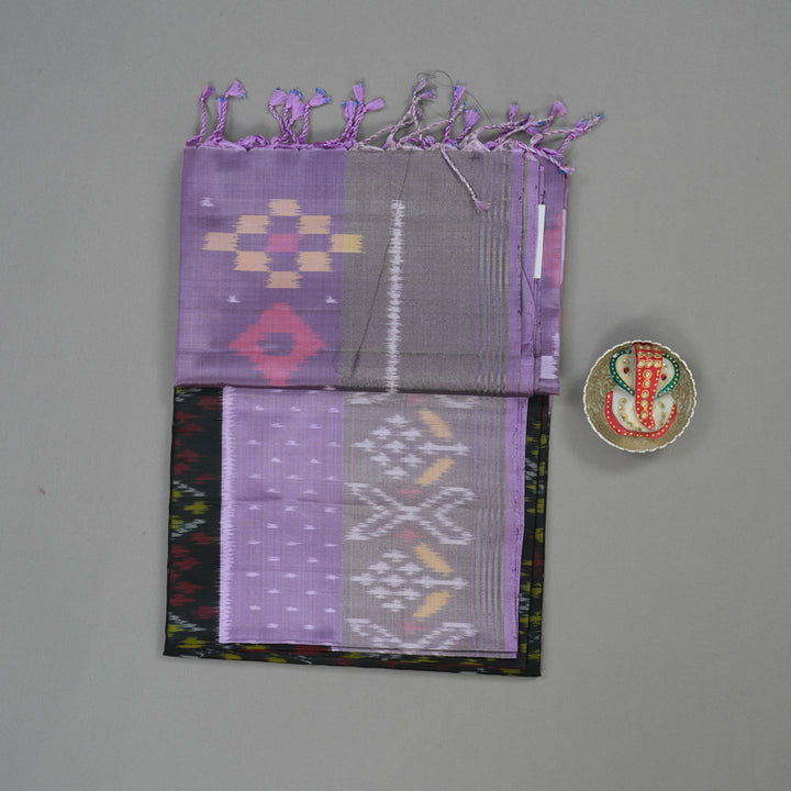 Hayagrivas Handloom Black Pure Ikkat Soft Silk Saree with Lilac Border KBE1225I1-1