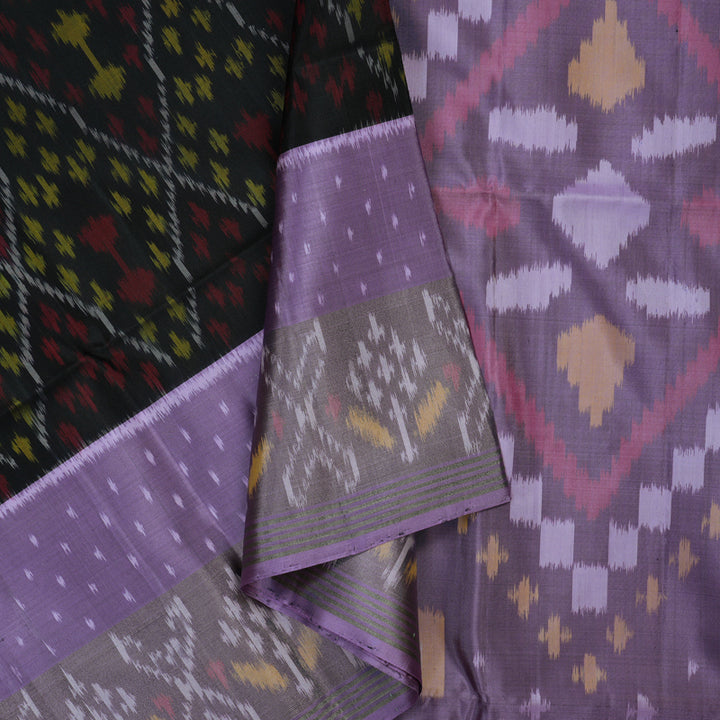 Hayagrivas Handloom Black Pure Ikkat Soft Silk Saree with Lilac Border KBE1225I1-1