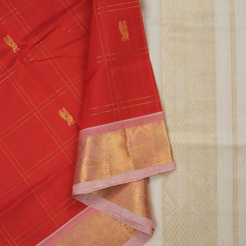 Hayagrivas Handloom Red Pure Silk Cotton Saree with Half White Border KBE1226I5-4