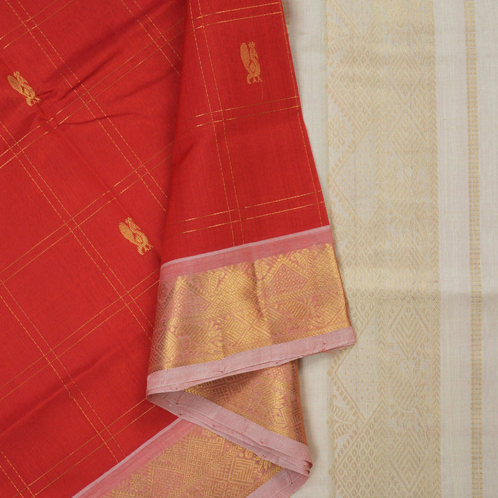 Hayagrivas Handloom Red Pure Silk Cotton Saree with Half White Border KBE1226I5-4