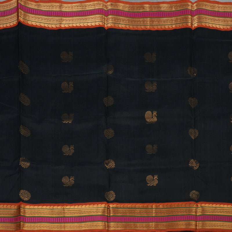 Hayagrivas Handloom Black Pure Silk Cotton Saree with Orange Border KBE1227I3-1