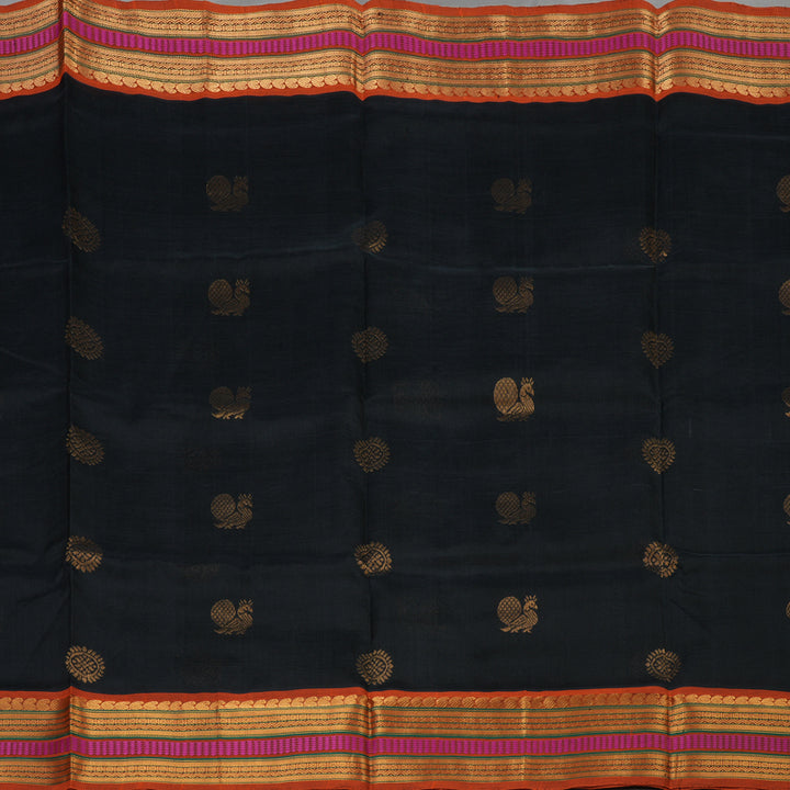 Hayagrivas Handloom Black Pure Silk Cotton Saree with Orange Border KBE1227I3-1