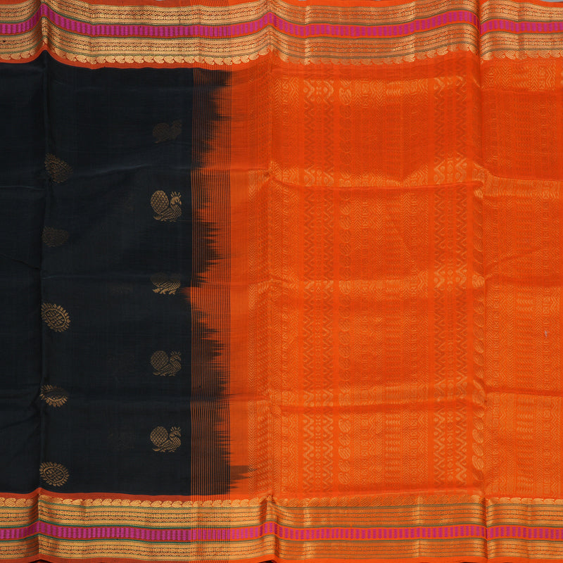 Hayagrivas Handloom Black Pure Silk Cotton Saree with Orange Border KBE1227I3-1