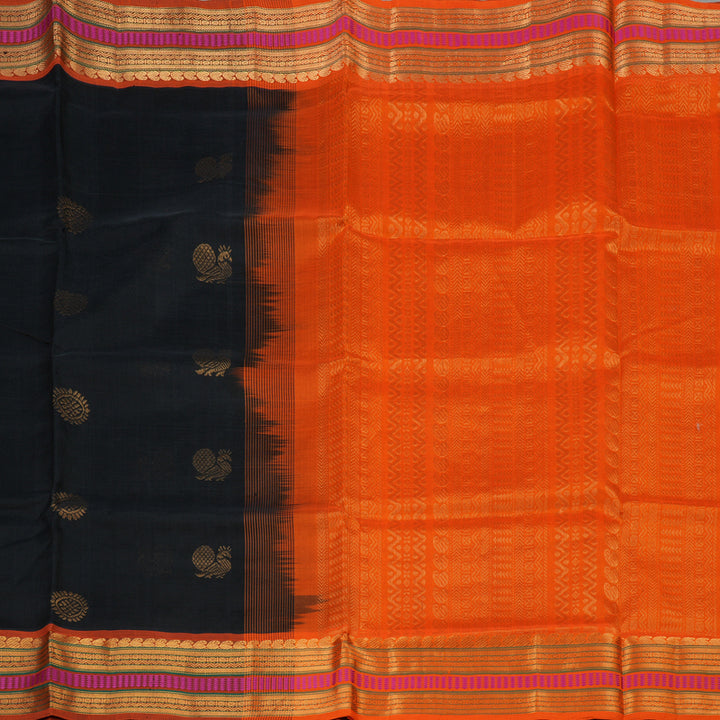 Hayagrivas Handloom Black Pure Silk Cotton Saree with Orange Border KBE1227I3-1