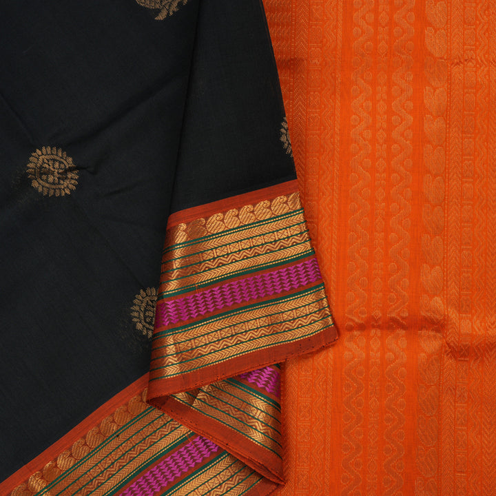 Hayagrivas Handloom Black Pure Silk Cotton Saree with Orange Border KBE1227I3-1