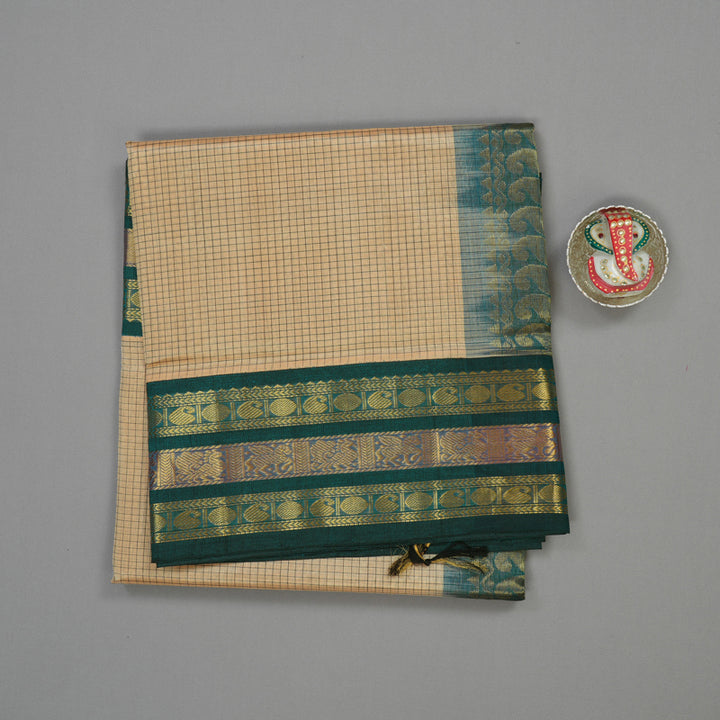 Hayagrivas Sandal Beige Pure Silk Cotton Saree with Deep Teal Border KBE1228I5-4