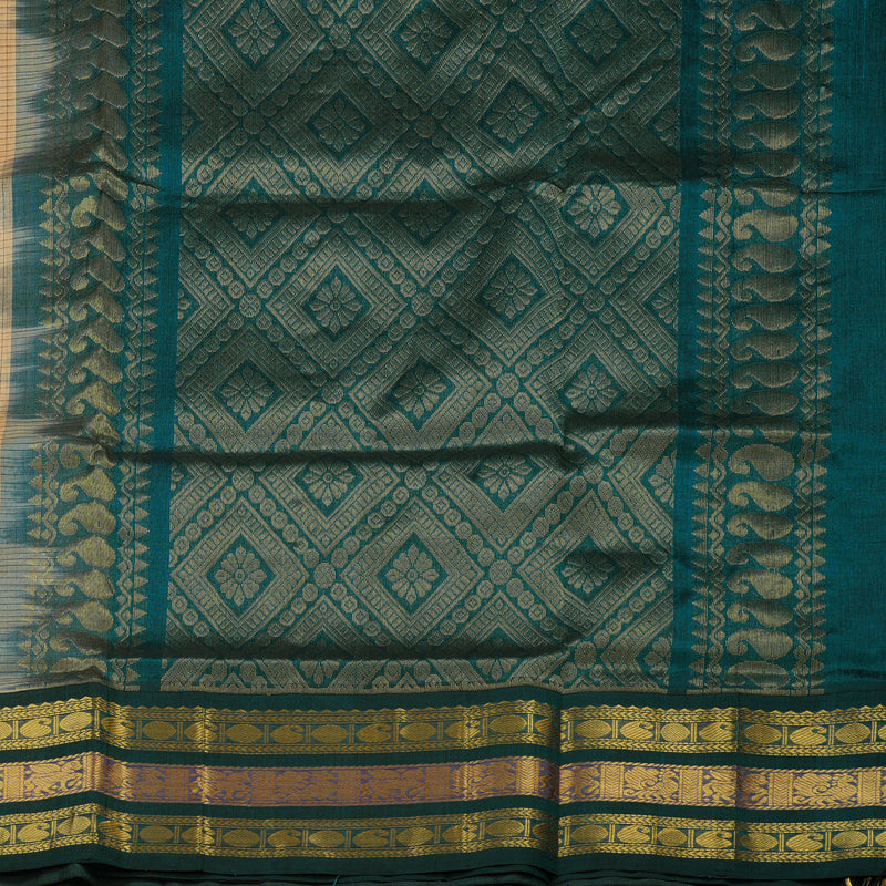Hayagrivas Sandal Beige Pure Silk Cotton Saree with Deep Teal Border KBE1228I5-4