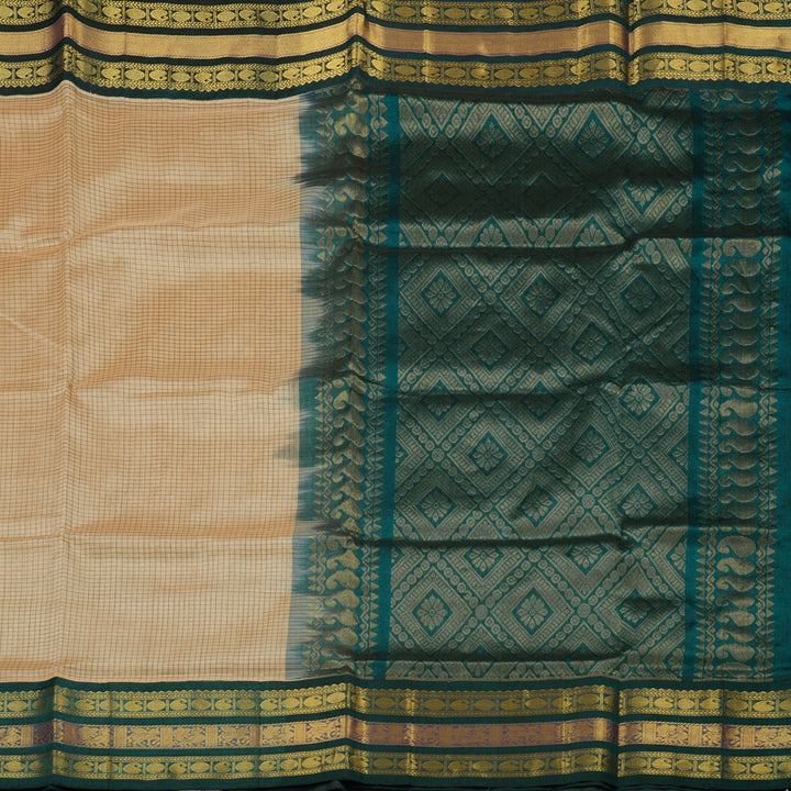 Hayagrivas Sandal Beige Pure Silk Cotton Saree with Deep Teal Border KBE1228I5-4