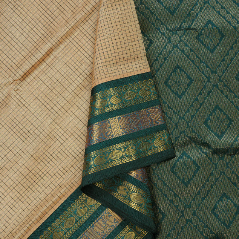 Hayagrivas Sandal Beige Pure Silk Cotton Saree with Deep Teal Border KBE1228I5-4