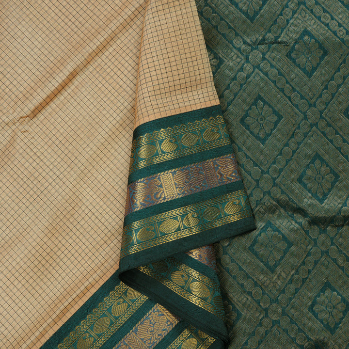 Hayagrivas Sandal Beige Pure Silk Cotton Saree with Deep Teal Border KBE1228I5-4