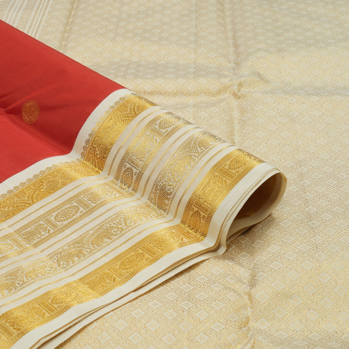 Hayagrivas Handloom Red Kanjivaram Silk Saree with Half White Border KBE1232I2-3