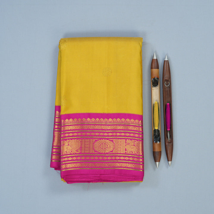 Hayagrivas Handloom Muted Golden Yellow Kanjivaram Silk Saree with Rani Pink Border KBE1232I2-4