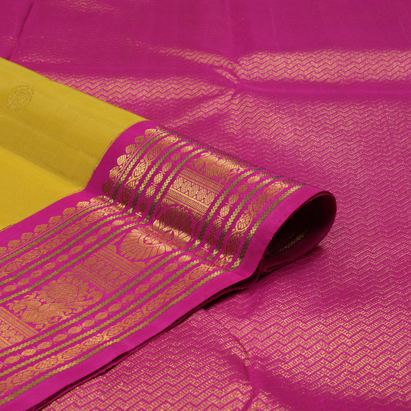Hayagrivas Handloom Muted Golden Yellow Kanjivaram Silk Saree with Rani Pink Border KBE1232I2-4