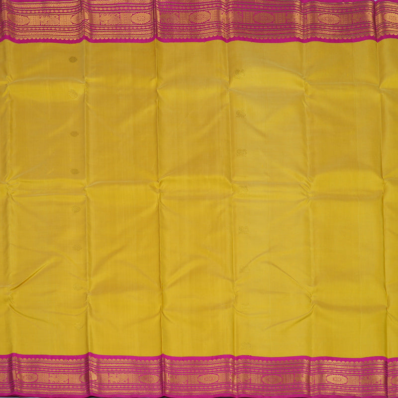 Hayagrivas Handloom Muted Golden Yellow Kanjivaram Silk Saree with Rani Pink Border KBE1232I2-4