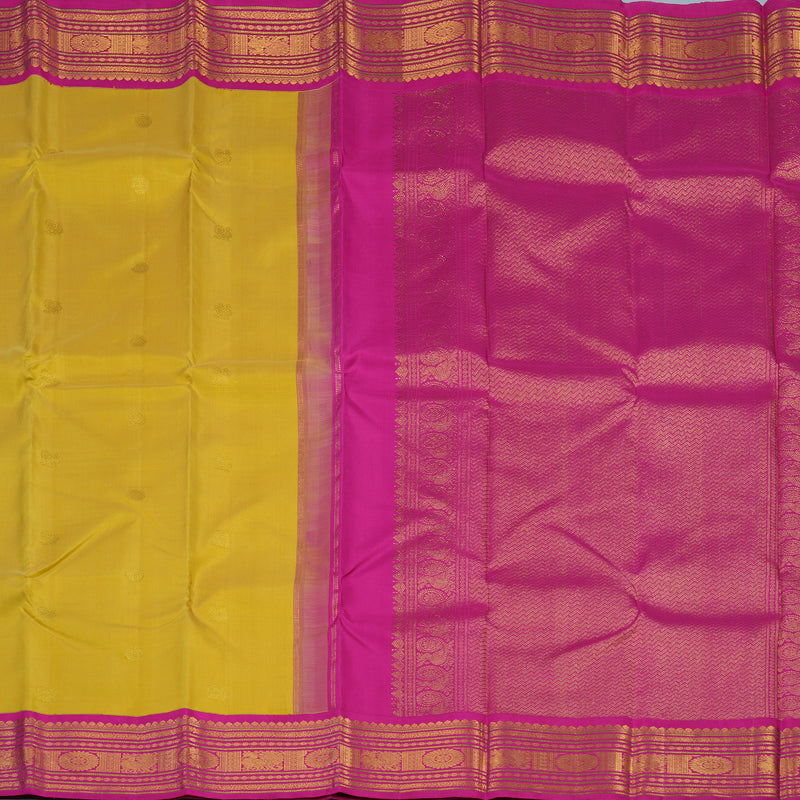 Hayagrivas Handloom Muted Golden Yellow Kanjivaram Silk Saree with Rani Pink Border KBE1232I2-4