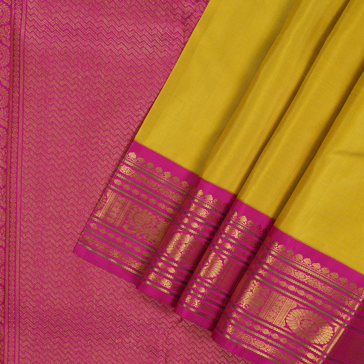Hayagrivas Handloom Muted Golden Yellow Kanjivaram Silk Saree with Rani Pink Border KBE1232I2-4