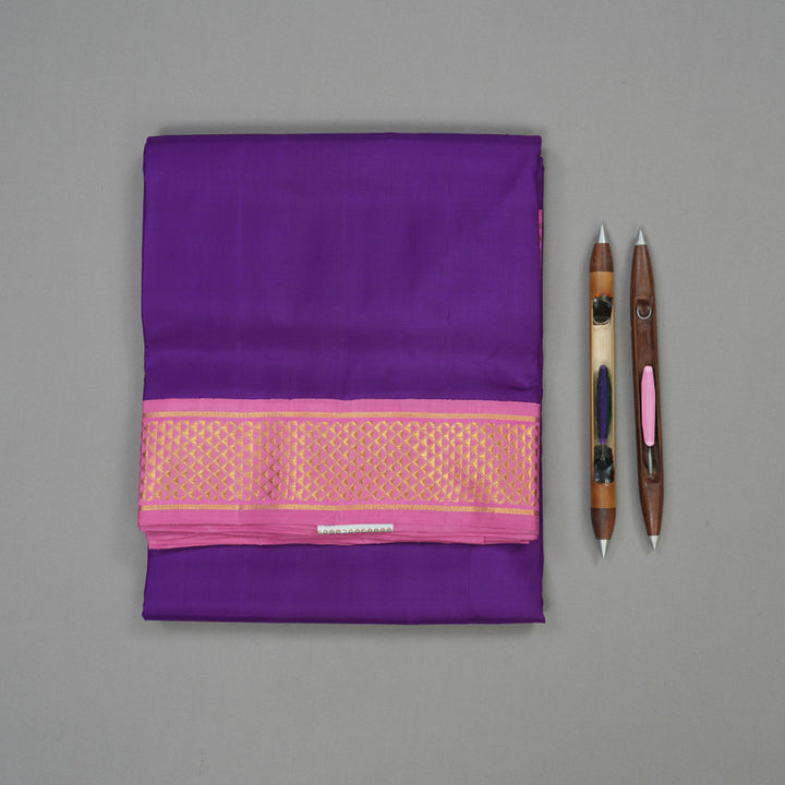 Hayagrivas Handloom Violet Kanjivaram Ten Yards Silk Saree with Lotus Pink Border KBE1233I10-5