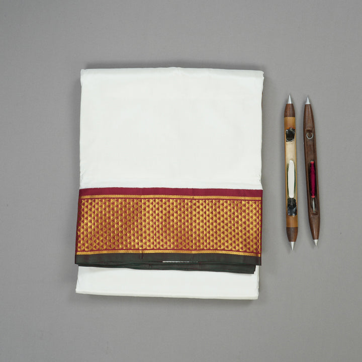 Hayagrivas Handloom White Kanjivaram Ten Yards Silk Saree with Maroon Border KBE1233I11-3