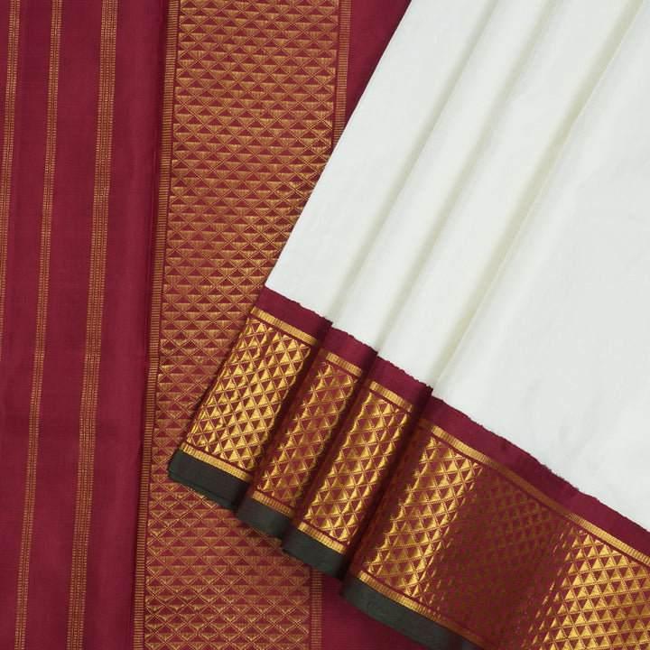 Hayagrivas Handloom White Kanjivaram Ten Yards Silk Saree with Maroon Border KBE1233I11-3