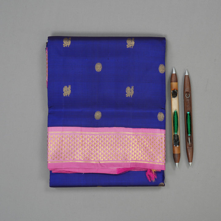 Hayagrivas Handloom Royal Blue Ten Yards Silk Saree with Rose Pink Border KBE1233I14-1