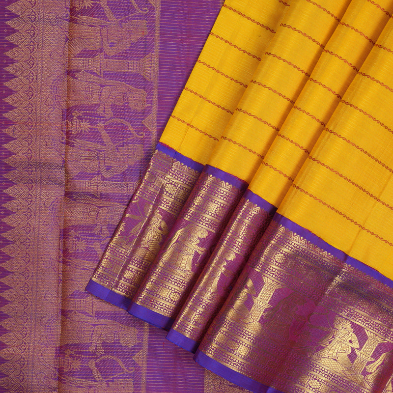 Hayagrivas Handloom Yellow Kanjivaram Ten Yards Silk Saree with Purple Border KBE1233I15-1