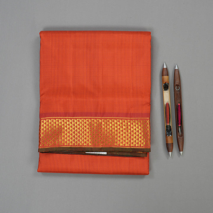 Hayagrivas Handloom Orange & Maroon (Muted Checks) Kanjivaram Ten Yards Silk Saree KBE1233I3-1