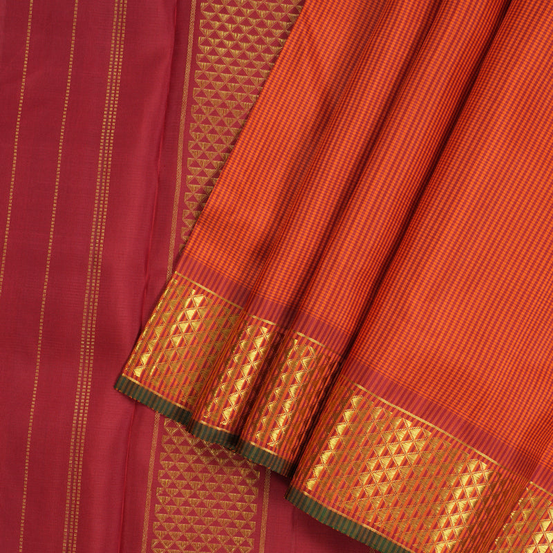 Hayagrivas Handloom Orange & Maroon (Muted Checks) Kanjivaram Ten Yards Silk Saree KBE1233I3-1