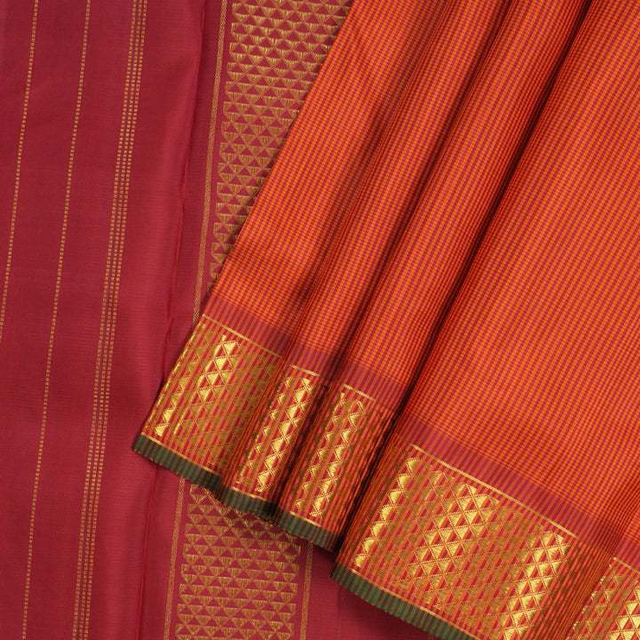 Hayagrivas Handloom Orange & Maroon (Muted Checks) Kanjivaram Ten Yards Silk Saree KBE1233I3-1