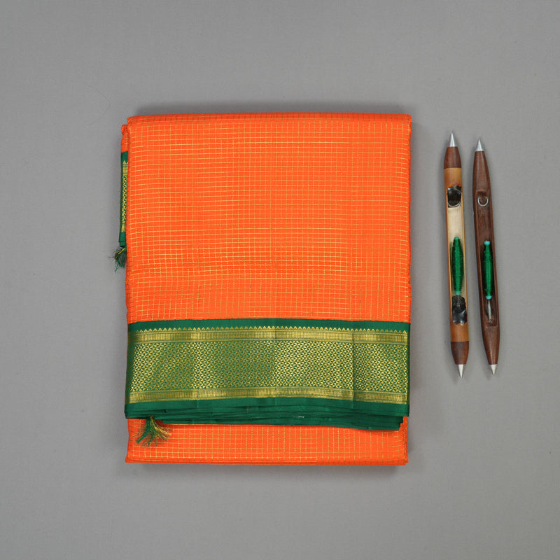 Hayagrivas Handloom Orange Kanjivaram Ten Yards Silk Saree with Bottle Green Border KBE1234I10-1